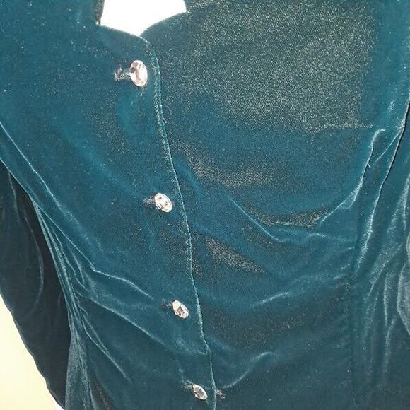 Vintage Velvet Jacket Teal Crystal Buttons Scalloped VNeck Edge Size 11/12 Y2K - Picture 2 of 10